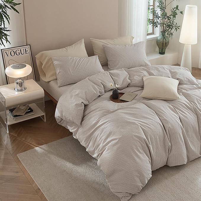 JIYUAN 100% Washed Cotton Striped Duvet Cover Set 3 Pieces Queen, 1 Duvet Cover and 2 Pillowcases(Comforter Not Included),Linen Like Bedding Set Comfy and Breathable,Pinstripes-Heathered Taupe White