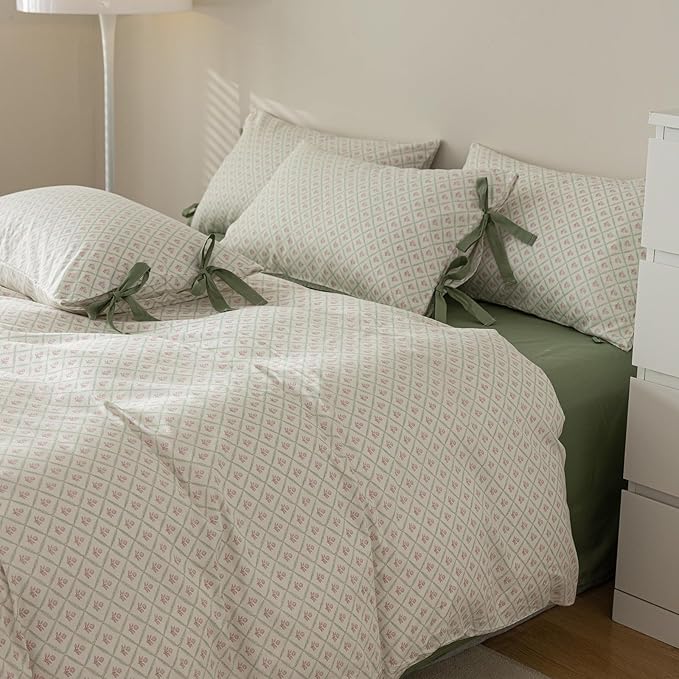 LifeTB Full Comforter Set Pink Flower Comforter with 2 Bowknot Pillowcases Chic Plaid Grid Prints Floral Bedding Comforter Boho Farmhouse Bedding Set French Country Style Botanical Comforter Set