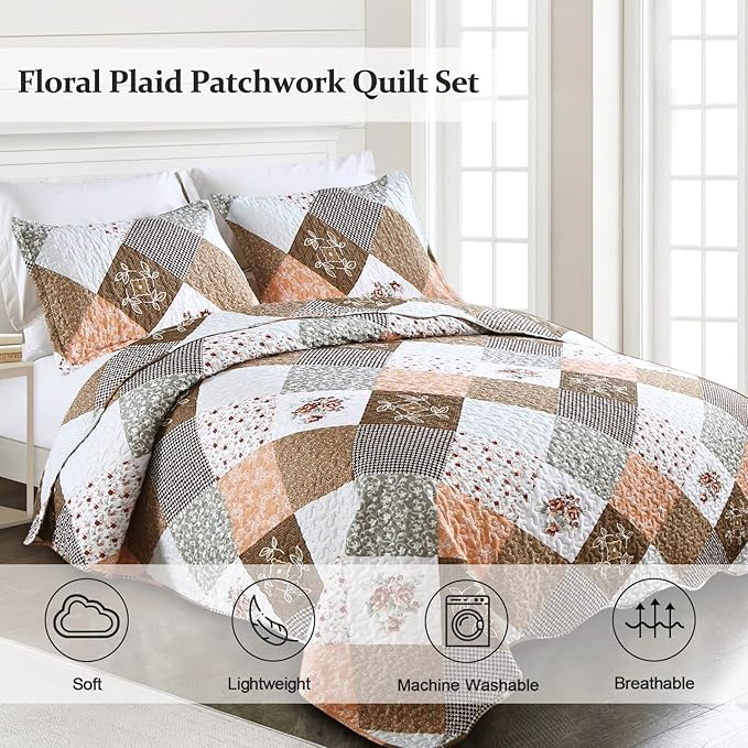 Dinjoy Floral Plaid Patchwork Quilt Set Full Size, Reversible Brown Bedding Set Soft Microfiber Lightweight Bedspread Coverlet 3 Piece Fall Autumn Summer Use (78x90 inches)
