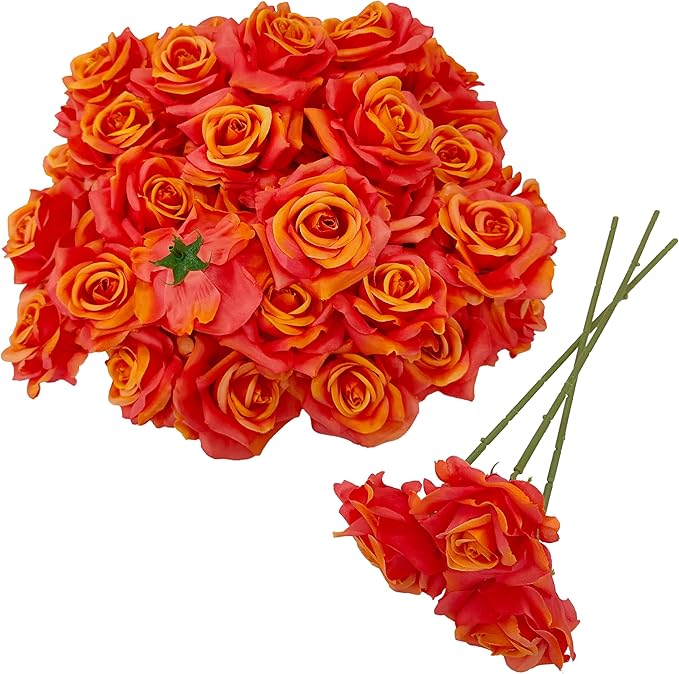 Artificial Satin Rose Flower Heads,48 Pcs Silk Rose Heads with Stems,3.3'' Rose Artificial Flowers Bulk,Artificial Rose Flower Heads for DIY Crafts Bouquet (48, Sunset)
