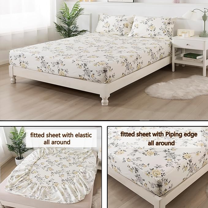FADFAY Floral Sheets Set Twin Vintage Rose Floral Bedding Shabby Grey and Yellow Peony Sheets Farmhouse Bedding 800 Thread Count 100% Egyptian Cotton Soft Deep Pocket Fitted Sheet 4Pcs, Twin Size
