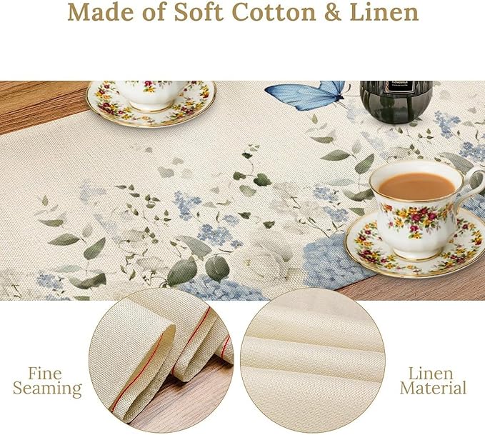 Floral Table Runner, Blue White Flower Butterfly Garden Spring Nature Decoration Table Runner for Kitchen Dining Home Party, 13x90 Inch