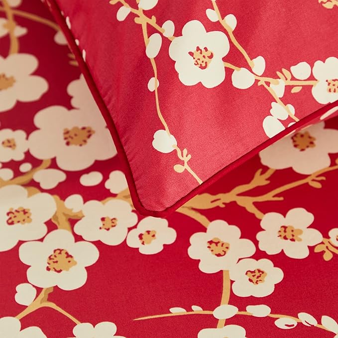 Brandream Floral Sheet Set King Size Japanese Oriental Style Cherry Red Blossom Flower Branches Print Chinoiserie Bedding Pillowcases Set 800TC Egyptian Cotton Sateen Botanical Tree Deep Pocket, 4 Pcs