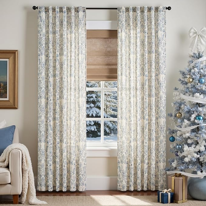 jinchan Linen Floral Curtains for Living Room with Printed Flower 84 Inches Long Light Filtering Farmhouse Window Treatment Vintage Drapes Back Tab Rod Pocket 2 Panels Blue on Beige