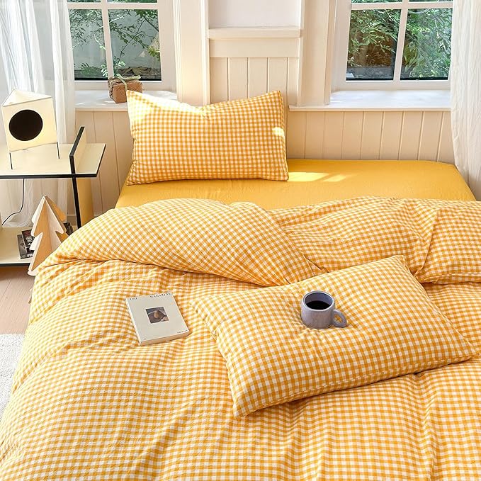LifeTB Yellow Gingham Comforter King Comforter Set Geometric Checkered Plaid Bedding Comforter with 2 Pillowcases Fluffy Soft Lightweight Bedding Boho Grid Plaid Comforter Set King for All Seasons