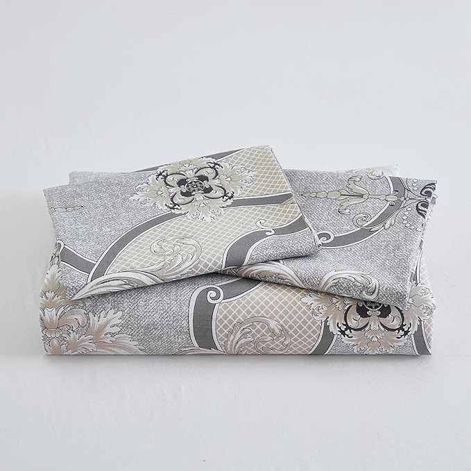 100% Natural Cotton Duvet Cover Set King 3 Pcs Grayish Duvet Cover with Luxurious Damask Pattern, Reversible Breathable Soft Comforter Cover Sets with Zipper Closure All Season