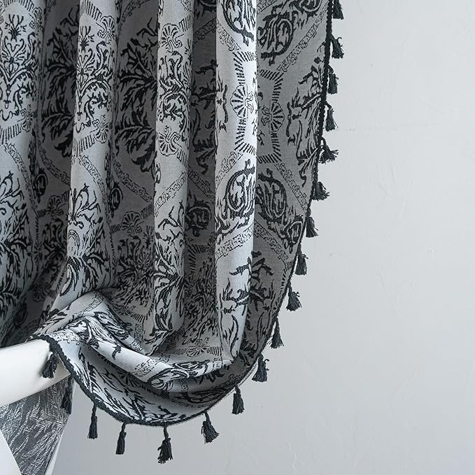 ENJOYBRIDAL Black Damask Curtains 63 Inch Long Semi Sheer Rod Pocket Drapes Bedroom Living Room 2 Panels Short Window Curtain Panels Boho Jacquard Medallion Pattern Light Filtering Window Treatments
