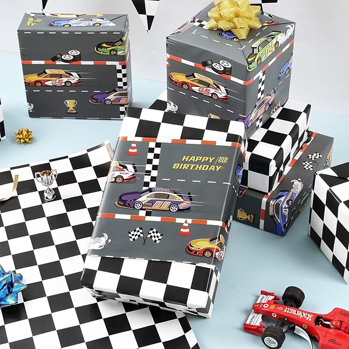 WERNNSAI Racing Car Wrapping Paper - 1 Roll 17” x 16.5 ft Car Birthday Wrapping Paper Kids Boys Gift Wrap Reversible Birthday Present Packing Decoration Sports Cars with Checkered Design