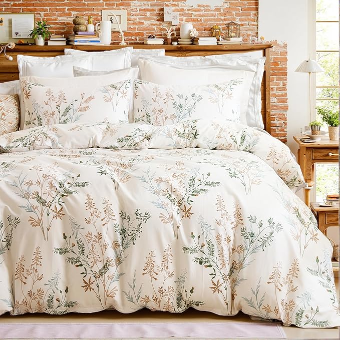 100% Cotton Duvet Cover King Size Ultra Soft Green Floral Comforter Cover with Luxurious Tan & Green Leaves on White, Reversible Lightweight Floral Duvet Cover Sets