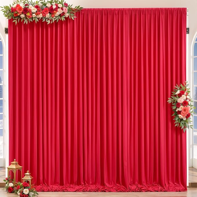 Red Backdrop Curtains 10 Panels-Wrinkle-Free Polyester Photography Drapes Party Photo Backgrounds for Wedding Christmas Photo Backdrops- 40 X10FT