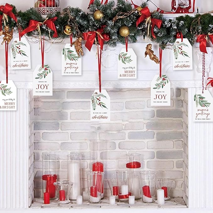 100 Pcs Merry Christmas Gift Tags Happy Holidays Paper Tag Watercolor Holly Xmas Hanging Label Tags with Hemp Rope for Xmas Season Gift Wrapping DIY Crafts, 4 Designs