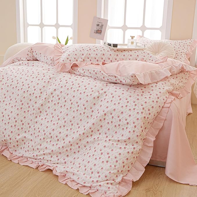 Queen Comforter Set Chic Floral Ruffle Comforter Pink Flower Bedding Comforter Set for All Seasons Fluffy Soft Girls Cottagecore Bedding Set Vintage Botanical Flowers Comforter with 2 Pillowcases