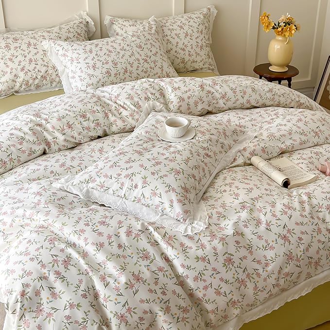 Girls Floral Ruffle Bedding Pink Flower Duvet Cover Queen Romantic Princess Lace Comforter Cover Cotton Boho Floral Duvet Cover Cute Botanical Flower Comforter Cover Ruffled Cottagecore Bedding Set