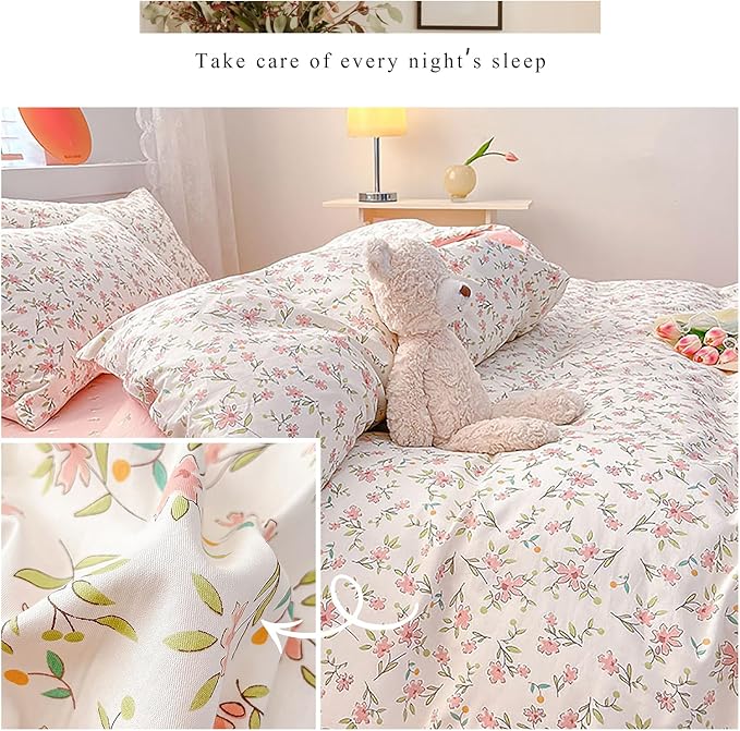 EAVD Vintage Style Garden Pink Floral Duvet Cover King White Soft 100% Cotton Cute Floral Bedding Set with 2 Pillowcases Chic Shabby Floral Botanical Duvet Cover with Zipper Closure