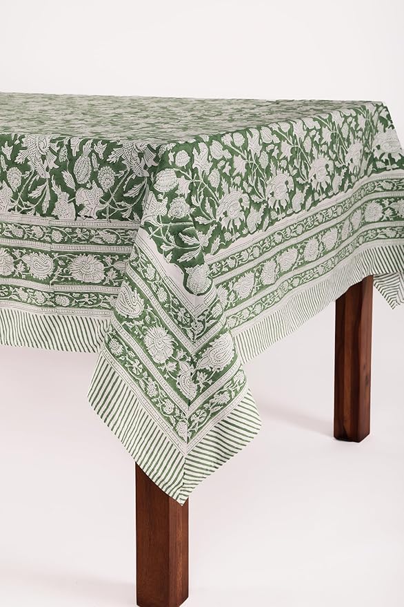 ATOSII Meraki Green 100% Cotton Spring Summer Tablecloth, Block Print Rectangle Table Cover - Dining, Parties, Outdoors, Weddings, Grand Millennial Decor 60 X 60 Inches I 4 Seater I