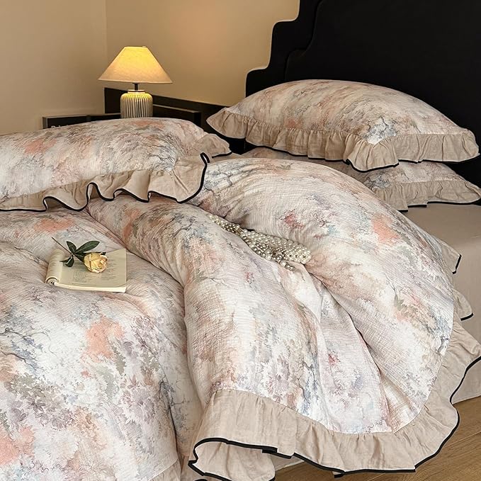 HighBuy Girl Linen Duvet Cover Set Twin XL Beige Ruffle Design,Vintage Floral Yarn Dyed Ruffled Bedding Set Natural French Breathable Farmhouse Bedding - 1 Twin XL Duvet Cover 2 Pillowcases