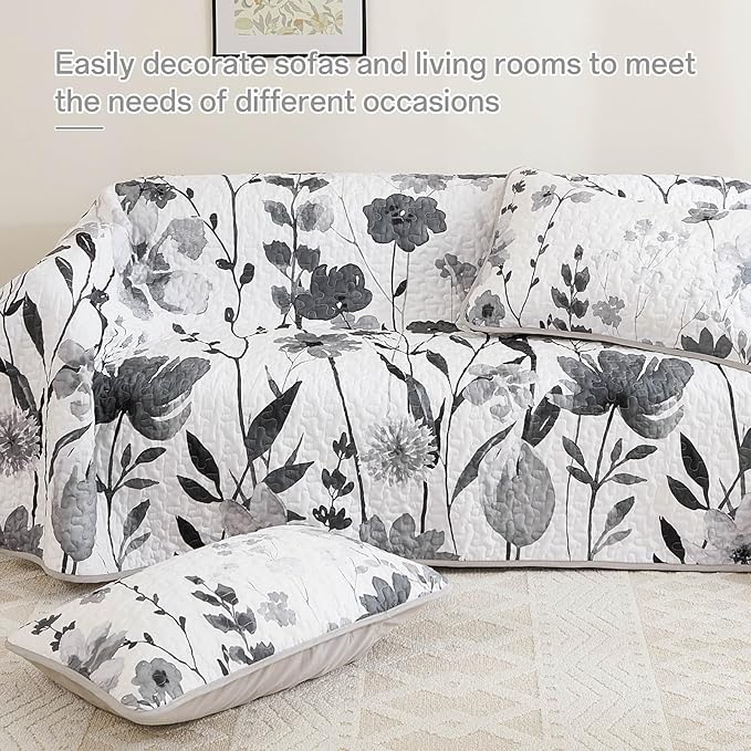 Anibedding Grey Quilt Set Queen, Floral Bedspread Soft Microfiber Lightweight Queen Size Quilt Bedding Sets Flower Coverlet for All Season(Queen, 96"x90")