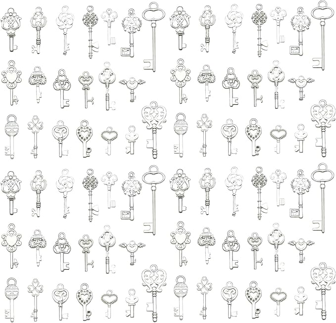 WOCRAFT 60pcs Bright Silver Small Key Charms Bracelet Charms for Jewelry Making Sets DIY Necklace Bracelet Keychain Crafting Charms Kit Craft Supplies (SN926)