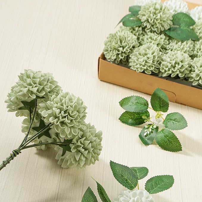 Artificial Flowers, 100pcs Sage Green Artificial Rose for DIY Wedding Bouquets Centerpieces Arrangements, Sage Green Rose and Dahlia Flowers with Stem for Bridal Shower Party Home Decorations
