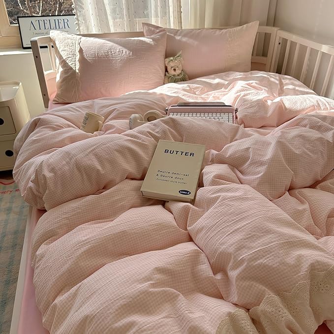 LifeTB Pink Gingham Comforter Set King Fluffy Soft Microfiber Pink Grid Bedding Comforter Romantic Lace Style Farmhouse Gingham Bedding Set Vintage Plaid Checkered Comforter Set for All Seasons