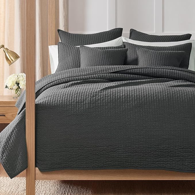 Levtex Home Cross Stitch Reversible Twin XL/Twin Quilt Set (68x86in) and 1 Pillow Sham (26x20in) - Stitch Texture - Charcoal - 0 Cotton Twin/Twin Size Quilt Bedding Set - Lightweight Soft Pre-Washed