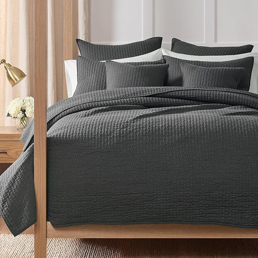 Levtex Home Cross Stitch Reversible Twin XL/Twin Quilt Set (68x86in) and 1 Pillow Sham (26x20in) - Stitch Texture - Charcoal - 0 Cotton Twin/Twin Size Quilt Bedding Set - Lightweight Soft Pre-Washed