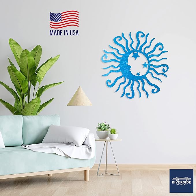 Riverside Designs Wacky Solar Moon Metal Wall Art Steel Outdoor Decor | Heavy-Duty and Waterproof | Made in USA (Teal, 24L x 24W)