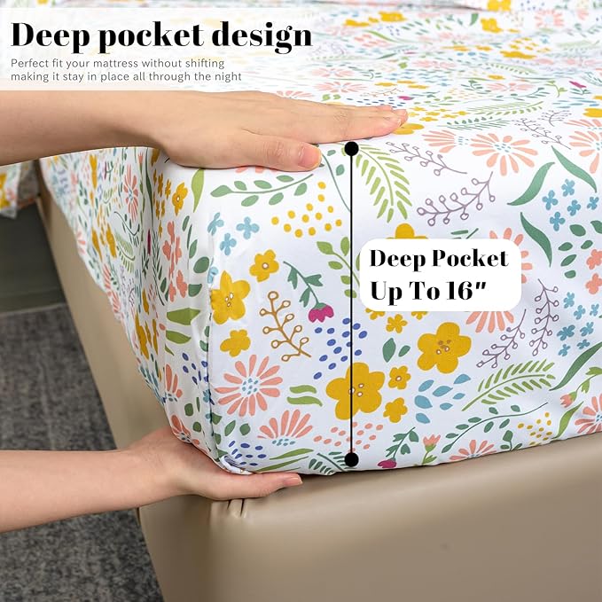 Bedlifes King Sheet Set Ultra Soft, Breathable, Silky Flower Deep Pocket 100% Microfiber Bedding, 4 Piece King Size Floral