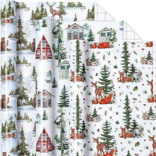 MAYPLUSS Christmas Wrapping Paper - 17" X 120" Per Roll - Vintage Watercolor Christmas Cottage, Wild Deer & Happy Polar Bears Gift Wrap Paper Winter Forest Landscape Design for Holiday