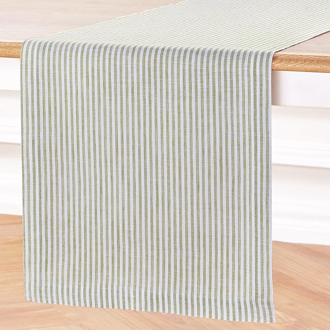 Solino Home Linen Table Runner 132 Inches Long - Narrow Stripe, 100% Pure Linen Avocado and White Farmhouse Table Runner 14 x 132 Inch for Dining, Spring, Easter, St Patricks Day