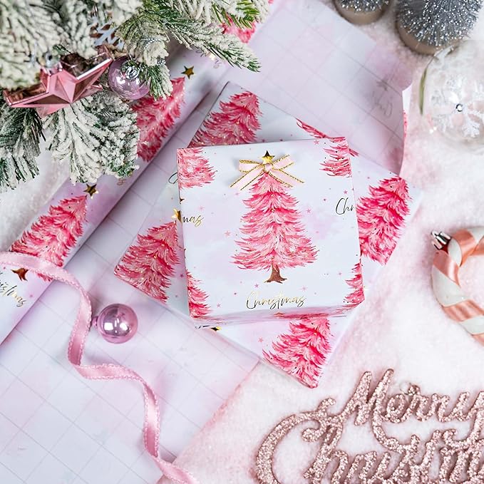 MAYPLUSS Christmas Wrapping Paper Roll, 17IN X 16.5FT Pink Gift Wrapping Paper Featuring Christmas Tree Little Star Reversible Cut Lines for Kids Holiday New Year