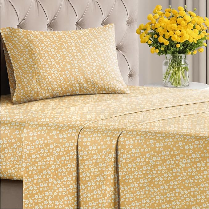 Floral Sheets - Yellow Floral Bed Sheet Set - 1 Flat, 1 Fitted & 1 Pillowcase w/ Deep Pockets - Comfy, Wrinkle & Fade Free - Boho Botanical Bedding - Ultra-Soft, Breathable & Cooling - Twin Size Set