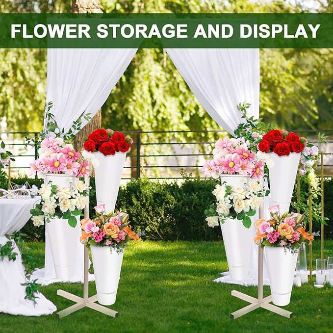 Flower Display Stand with Buckets, Metal Flower Bar Stand Rustic Farmhouse Florist Bouquet Holder Flower Cart Display Shelf for Outdoor Patio Garden Wedding Decor (Round)