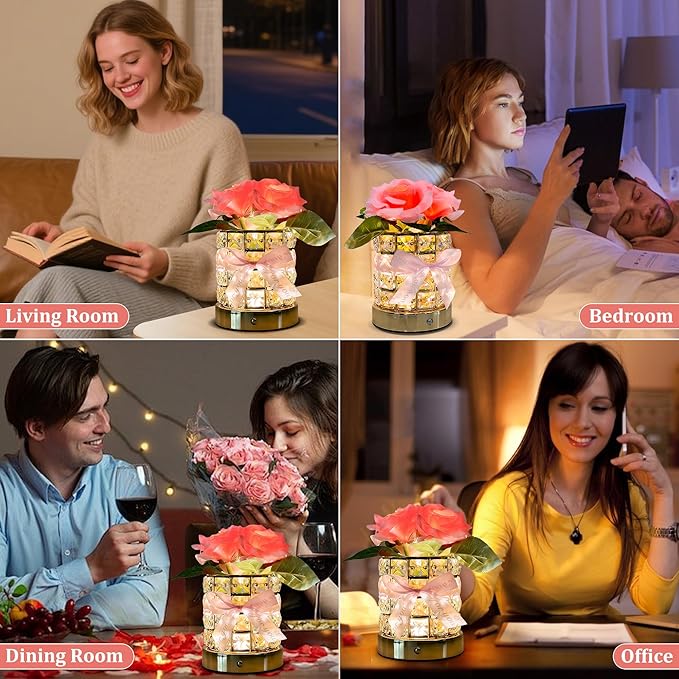 Rose Flower Lamp,Rechargeable Cordless LED Touch Table Lamp,3 Color Infinitely Dimming Bedside Lamps,Small Night Light for Living Room Bedroom Home Decor,Birthday Gifts for Women Mom (Rose)