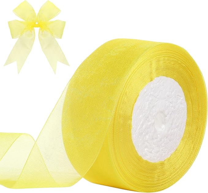 1-1/2 Inch x 50 Yards Sheer Organza Ribbon Chiffon Ribbon for Gift Wedding Flower Bouquet Wrapping Decorations Crafts (Yellow)