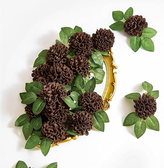 Artificial Flowers, 25pcs Artificial Rose for DIY Bouquets Arrangement, Brown Dahlia Flowers Foam Fake with Stems for Wedding Shower Party Floral Arrangements Tables Home Decorations