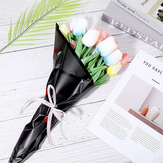 20 Sheets Bouquet Wrapping Paper, 22.4Inch Black Cherry Pattern Flower Floral Wrapping Black Floral Paper for Bouquets Kit, Waterproof Decorations with Ribbon for DIY Crafts Wedding Birthday Party