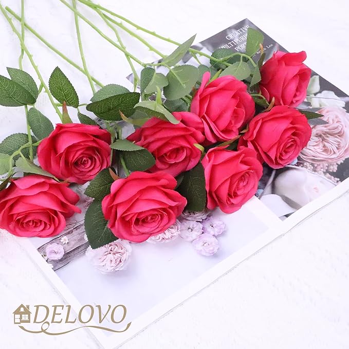 52pcs Hot Pink Roses Artificial Flowers Fake Flowers Silk Roses with Stems for DIY Wedding Bouquets Bridal Shower Centerpieces Arrangements Party Decorations