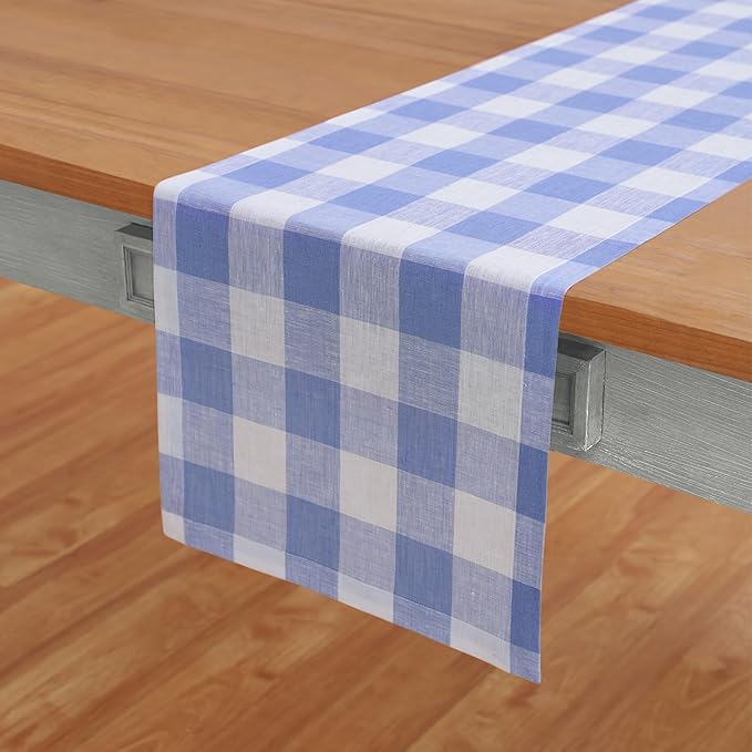 Solino Home Linen Checkered Table Runners 90 Inches Long - 100% Pure Linen Hydrangea Blue Buffalo Check Table Runner 14 x 90 Inch Ideal for Dining, Winter, Spring, Easter