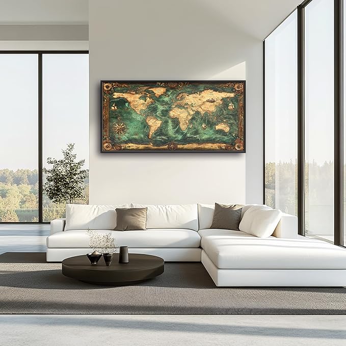Vintage World Map Large Wall Art Nautical Framed Wall Decor for Living Room, Map Pictures Oversized Canvas Print Painting Modern Extra Large Framed Artwork for Bedroom Office Home Decor 60"x30"
