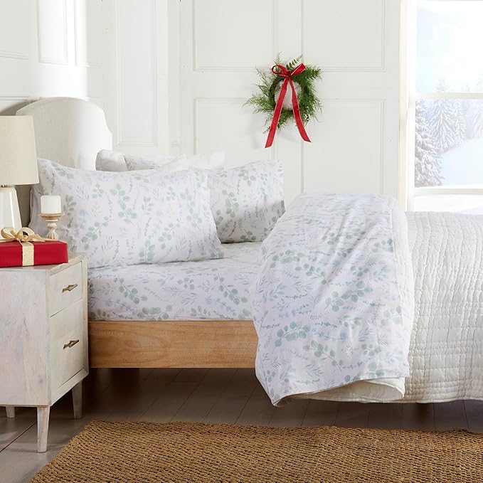 Market & Place 100% Cotton Full Flannel Sheet Set | 4 Piece Deep Pocket Cozy Winter Floral Bed Sheets | Double Brushed for Extra Softness & Comfort | Alpine Collection (Full, Eucalyptus Leaves)