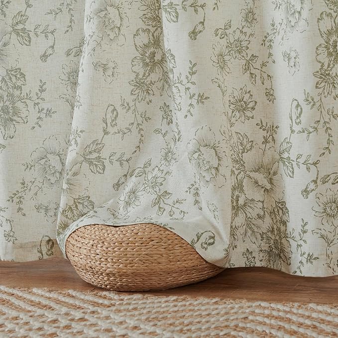 jinchan Lined Linen Blend Curtain Floral Curtains for Living Room 63 Inch Length Christmas Green Peony Flower Printed Curtain Back Tab Farmhouse Patterned Drapes Bedroom Curtains Set 2 Panels