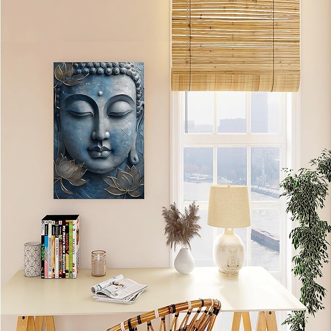 Canvas wall art Golden lotus crown Serene Buddha poster Ethereal blue toned art with delicate floral decor Zen wall art for a tranquil meditation space 28x40in Frameless