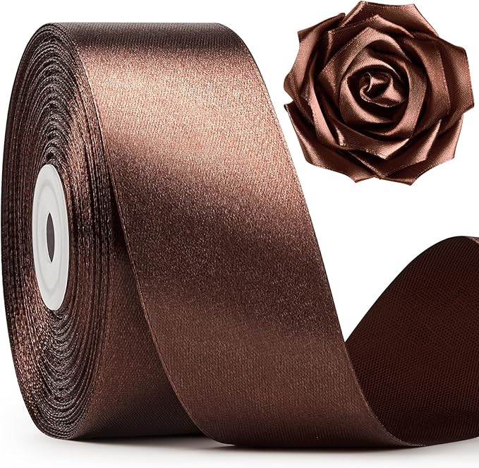 1-1/2 Inch Wide Brown Satin Ribbon, 50 Yards Solid Polyester Fabric Ribbon for Roses Making, Gift Wrapping, Christmas, Wedding Decorations, Crafts, Bows