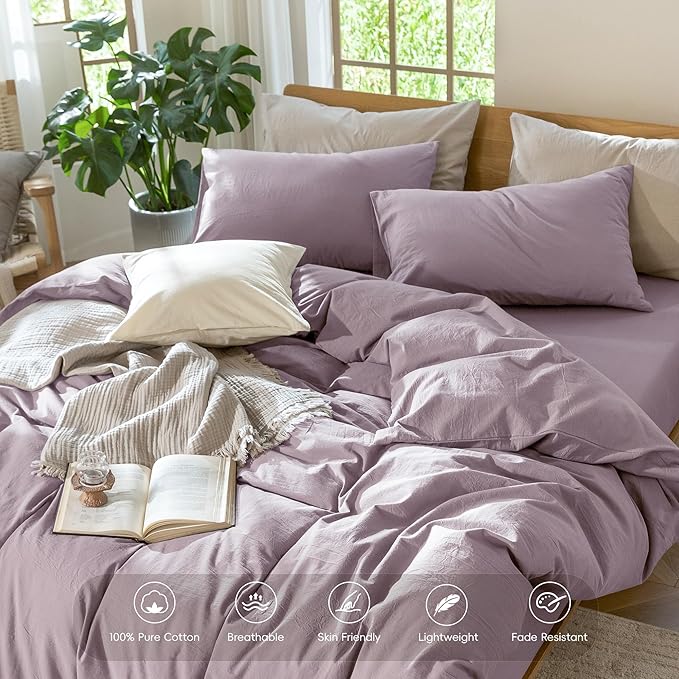 MooMee Bedding Duvet Cover Set 100% Washed Cotton Linen Like Textured Breathable Durable Soft Comfy (Solid Taro Purple, Super King Plus 120"x120")