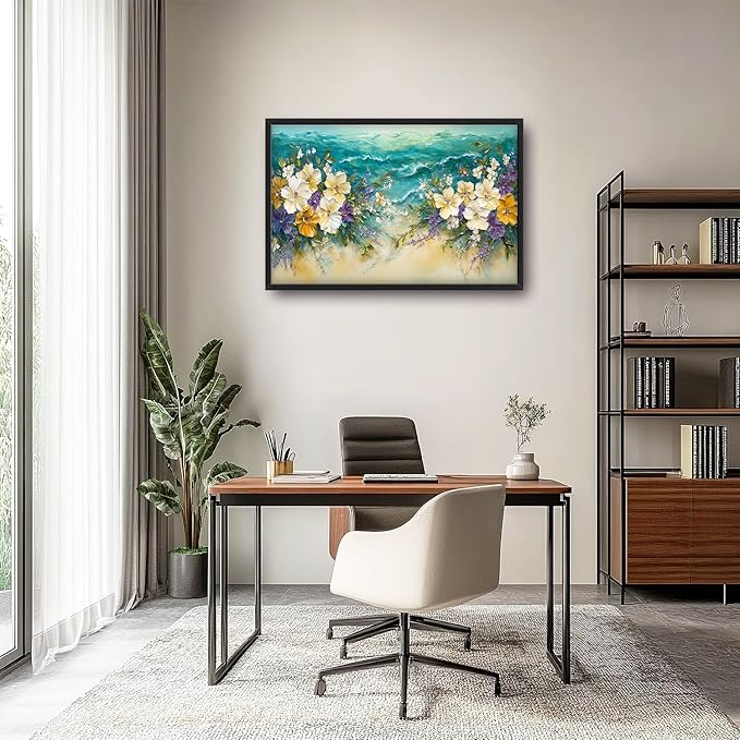 Beach Floral Large Wall Art Coastal Flower Pictures Wall Decor Summer Canvas Seascape Print Painting Modern Artwork Home Decoration for Living Room Bathroom Bedroom Office Framed 36"x24"