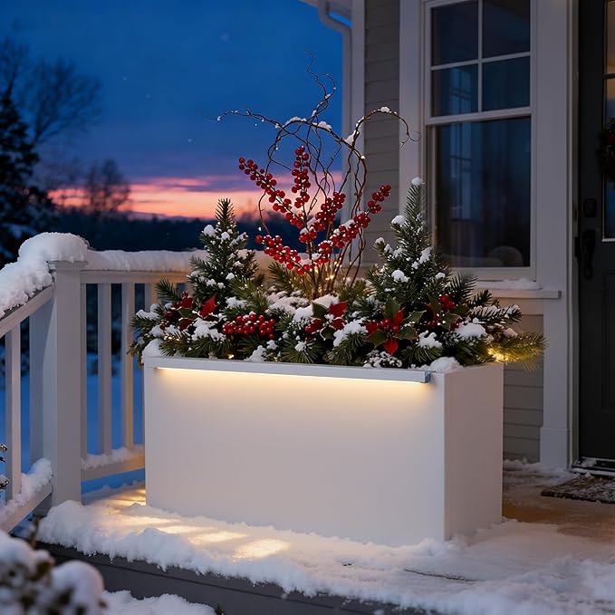 GSK 30" L White LED Metal Planter Flower Box Outdoor Illuminate Magnetic 3000K LED Light Strips Glow Vibe Modern Rectangle Raised Trough Drainage Holes Indoor Patio Balcony or Garden Decor
