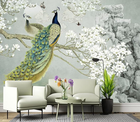Eierme-Flower Pattern Peacock Illustration Wallpaper Mural Wallpaper Peel and Stick 137" x 102"