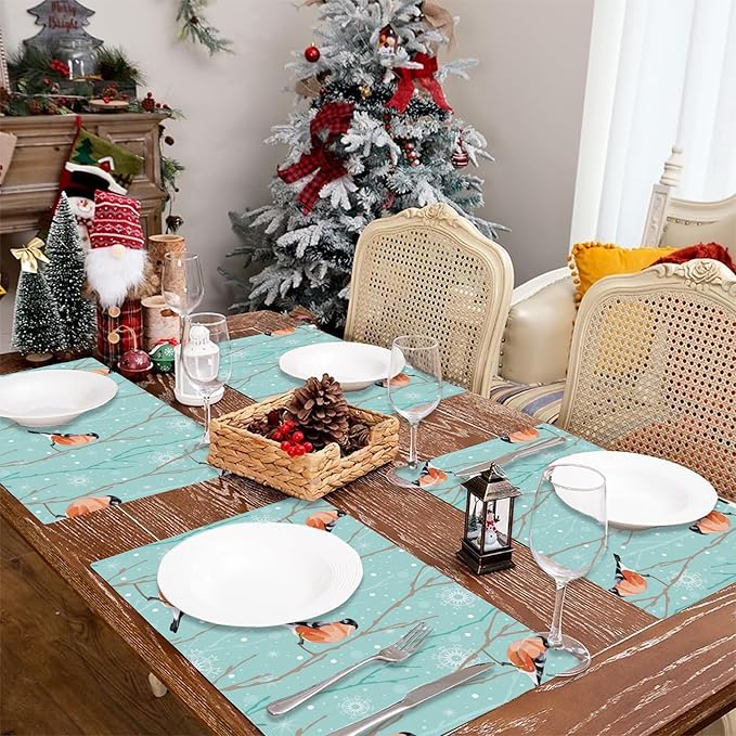 Christmas Snowflakes Placemats Set of 4,Bullfinch Placemats Dining Table Mat Set,12x18 Washable Stain Resistant Wipeable Cloth Placemat for Kitchen Buffet Parties