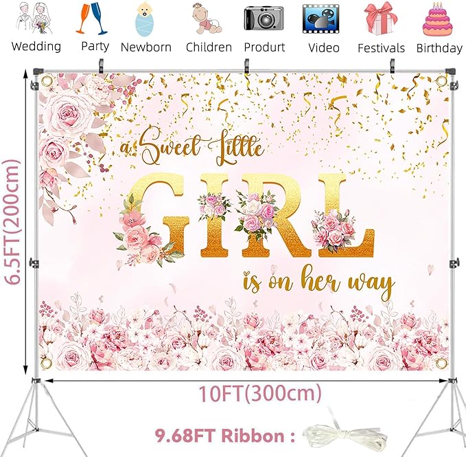 A Sweet Little Girl is on Her Way Backdrop 10x6.5FT – Pink Floral Baby Shower Banner with 19.68FT Ribbon, Double-Stitched Edges & 4 Brass Grommets, Reusable Girl Party Decorations & Photo Booth Props